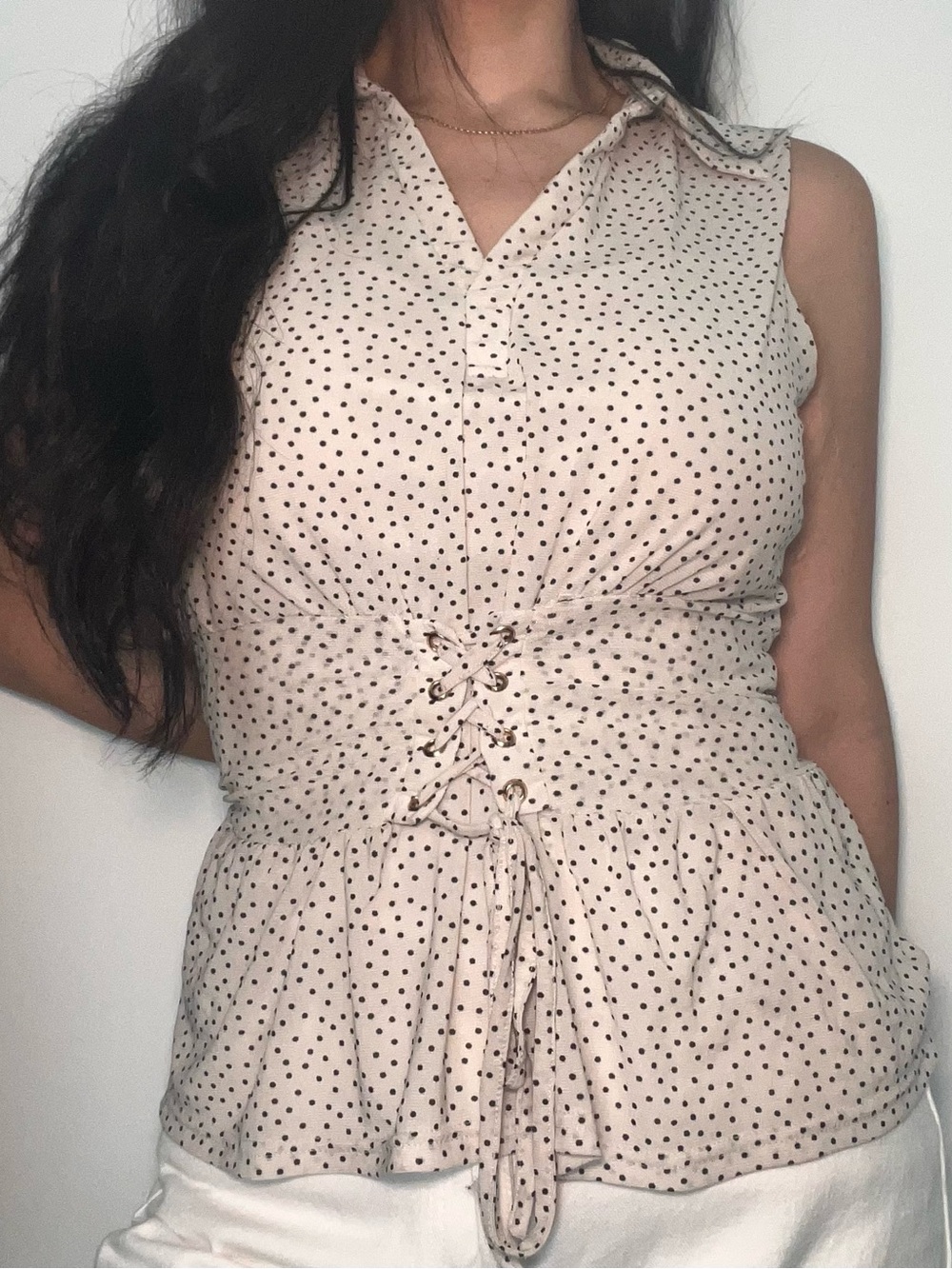Y2K Ember White Black Polka Dot Corset Peplum Top M